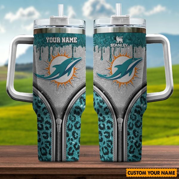 Miami Dolphins NFL Glitter Leopard Print Custom Stanley Quencher 30oz-40oz Stainless Steel Tumbler Hot And Cold Tumbler