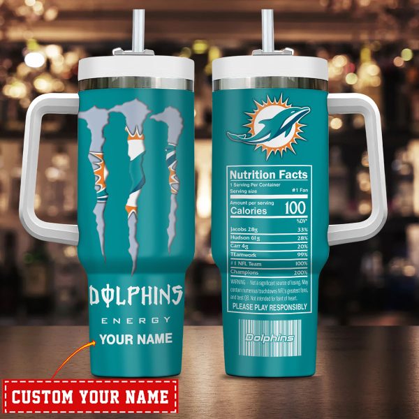 Miami Dolphins NFL Energy Nutrition Facts Custom Stanley Quencher 30oz-40oz Stainless Steel Tumbler Hot And Cold Tumbler