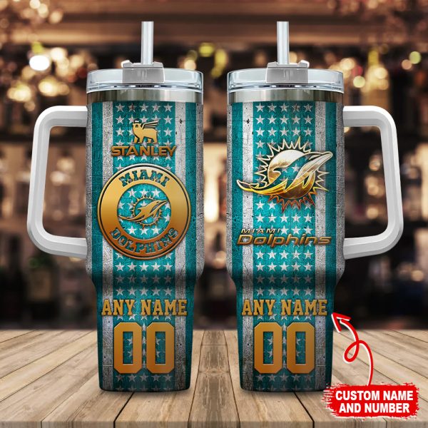 Miami Dolphins NFL Golden Logos US Flag Custom Stanley Quencher 30oz-40oz Stainless Steel Tumbler Hot And Cold Tumbler