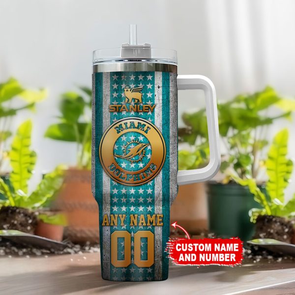 Miami Dolphins NFL Golden Logos US Flag Custom Stanley Quencher 30oz-40oz Stainless Steel Tumbler Hot And Cold Tumbler - Image 2