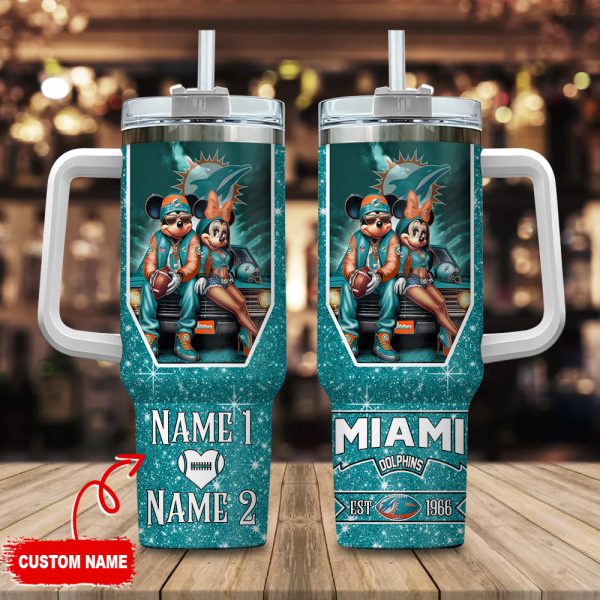 Miami Dolphins NFL Mickey And Minnie Couple Custom Stanley Quencher 30oz-40oz Stainless Steel Tumbler Hot And Cold Tumbler