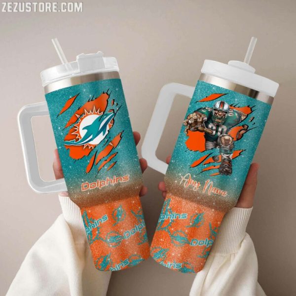 Miami Dolphins NFL Glitter Custom Stanley Quencher 30oz-40oz Stainless Steel Tumbler Hot And Cold Tumbler
