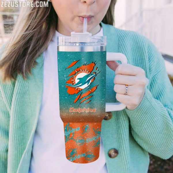 Miami Dolphins NFL Glitter Custom Stanley Quencher 30oz-40oz Stainless Steel Tumbler Hot And Cold Tumbler - Image 2