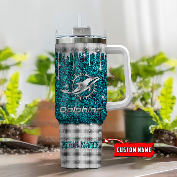 Miami Dolphins NFL Glitter and Diamonds Bling Custom Stanley Quencher 30oz-40oz Stainless Steel Tumbler Hot And Cold Tumbler - Image 2