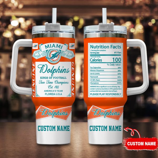 Miami Dolphins NFL Nutrition Facts Custom Stanley Quencher 30oz-40oz Stainless Steel Tumbler Hot And Cold Tumbler