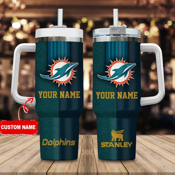 Miami Dolphins NFL Leather Effect Custom Stanley Quencher 30oz-40oz Stainless Steel Tumbler Hot And Cold Tumbler