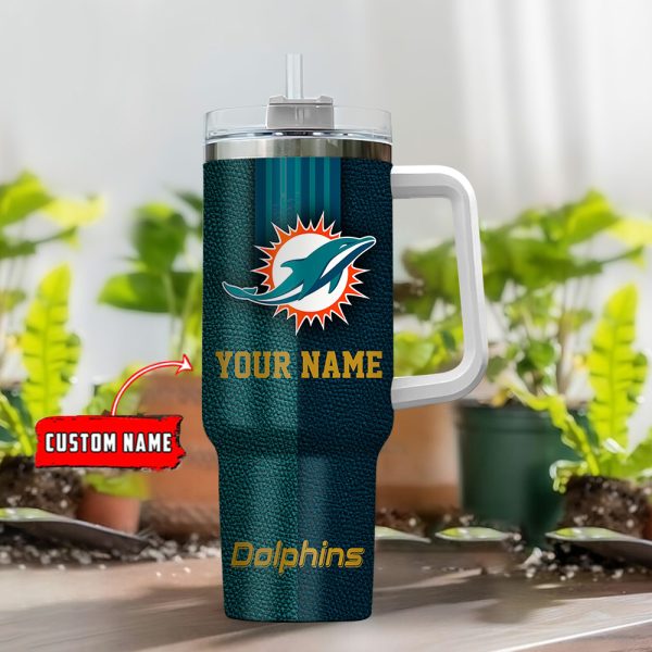 Miami Dolphins NFL Leather Effect Custom Stanley Quencher 30oz-40oz Stainless Steel Tumbler Hot And Cold Tumbler - Image 2