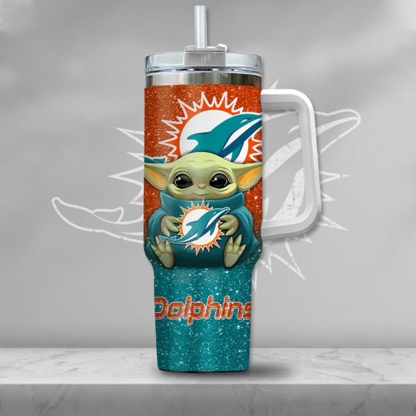 NFL Miami Dolphins Baby Yoda Custom Stanley Quencher 30oz-40oz Stainless Steel Tumbler Hot And Cold Tumbler - Image 2