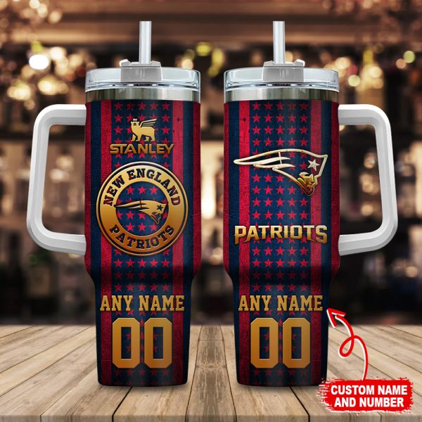 New England Patriots NFL Golden Logos US Flag Custom Stanley Quencher 30oz-40oz Stainless Steel Tumbler Hot And Cold Tumbler
