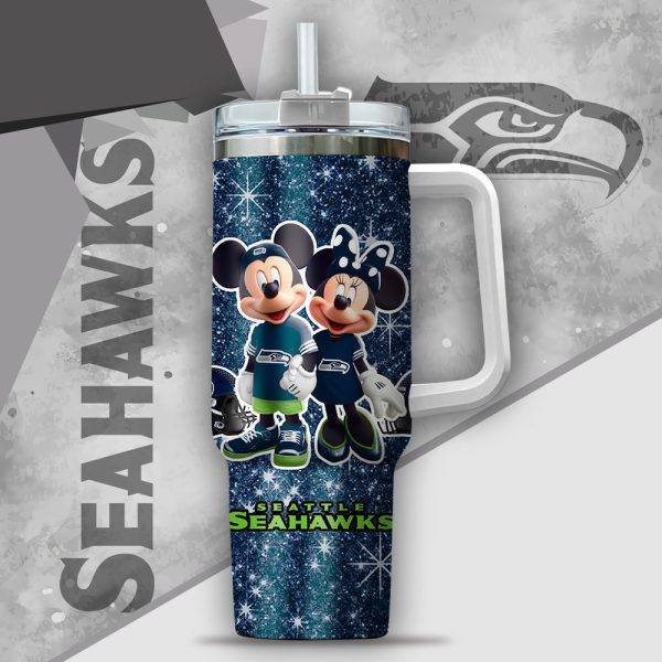 NFL Seattle Seahawks Mickey And Minnie Couple Custom Stanley Quencher 30oz-40oz Stainless Steel Tumbler Hot And Cold Tumbler - Image 2