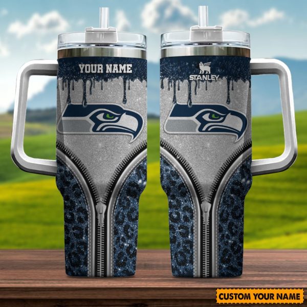 Seattle Seahawks NFL Glitter Leopard Print Custom Stanley Quencher 30oz-40oz Stainless Steel Tumbler Hot And Cold Tumbler