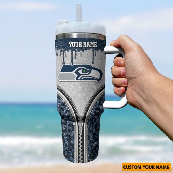 Seattle Seahawks NFL Glitter Leopard Print Custom Stanley Quencher 30oz-40oz Stainless Steel Tumbler Hot And Cold Tumbler - Image 2
