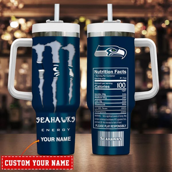 Seattle Seahawks NFL Energy Nutrition Facts Custom Stanley Quencher 30oz-40oz Stainless Steel Tumbler Hot And Cold Tumbler
