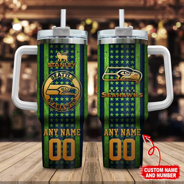 Seattle Seahawks NFL Golden Logos US Flag Custom Stanley Quencher 30oz-40oz Stainless Steel Tumbler Hot And Cold Tumbler