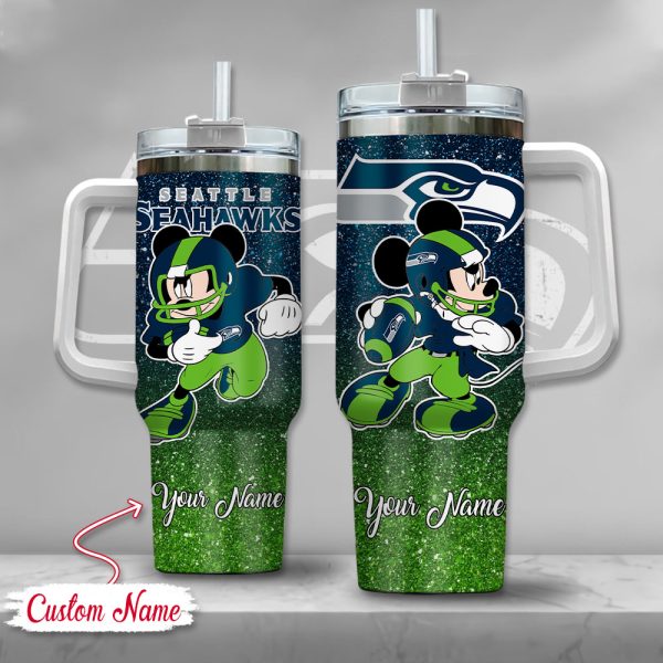 Seattle Seahawks NFL Mickey Mouse Glitter Custom Stanley Quencher 30oz-40oz Stainless Steel Tumbler Hot And Cold Tumbler