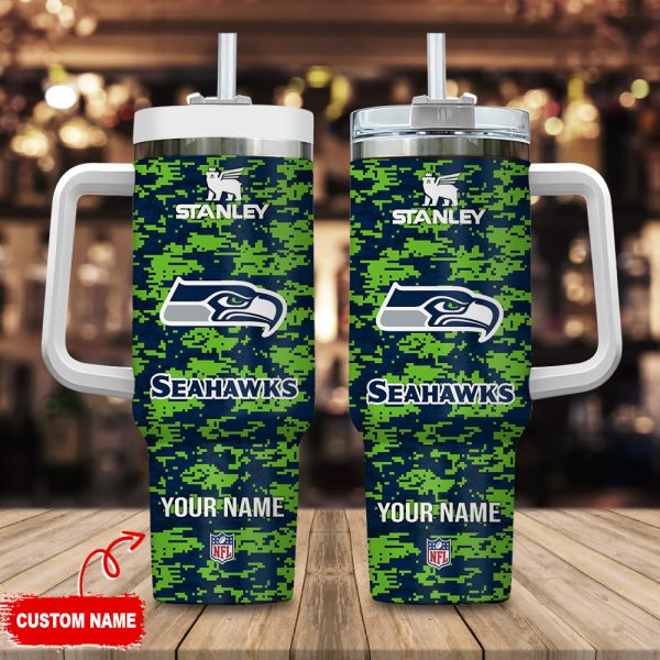 Seattle Seahawks NFL Camouflage Custom Stanley Quencher 30oz-40oz Stainless Steel Tumbler Hot And Cold Tumbler