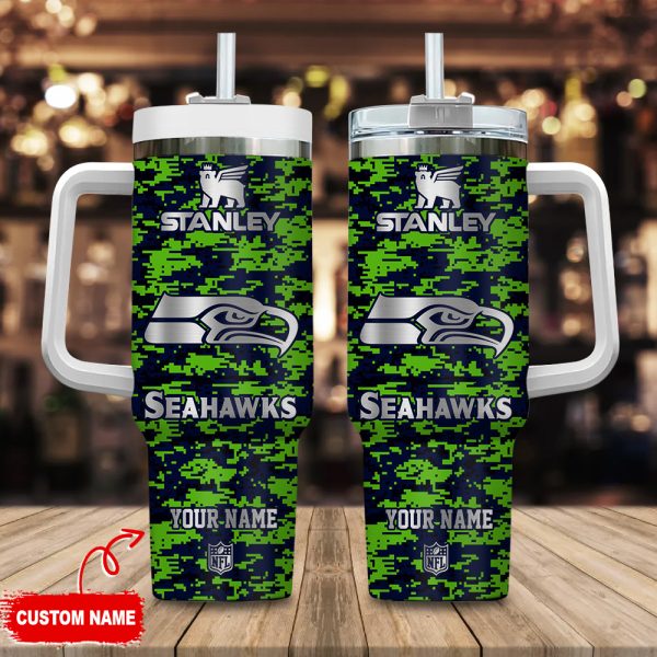 Seattle Seahawks NFL Camouflage Silver Logo Custom Stanley Quencher 30oz-40oz Stainless Steel Tumbler Hot And Cold Tumbler