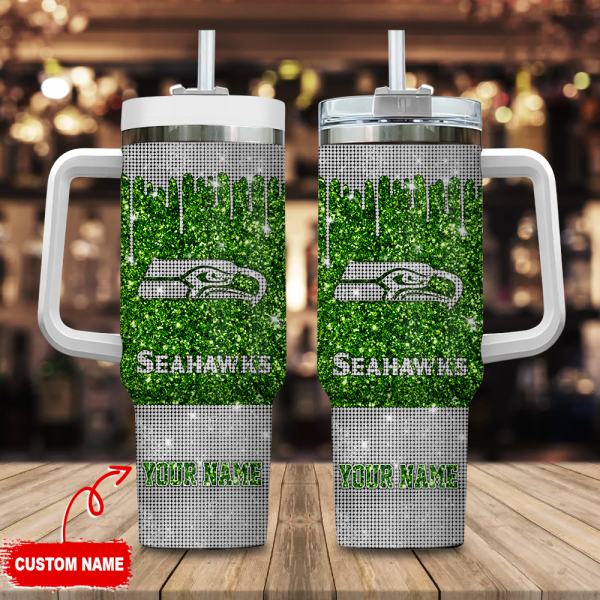 Seattle Seahawks NFL Glitter and Diamonds Bling Custom Stanley Quencher 30oz-40oz Stainless Steel Tumbler Hot And Cold Tumbler