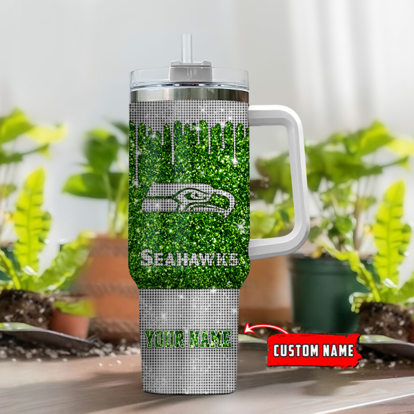Seattle Seahawks NFL Glitter and Diamonds Bling Custom Stanley Quencher 30oz-40oz Stainless Steel Tumbler Hot And Cold Tumbler - Image 2