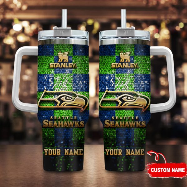 Seattle Seahawks NFL Glitter Golden Logo Custom Stanley Quencher 30oz-40oz Stainless Steel Tumbler Hot And Cold Tumbler