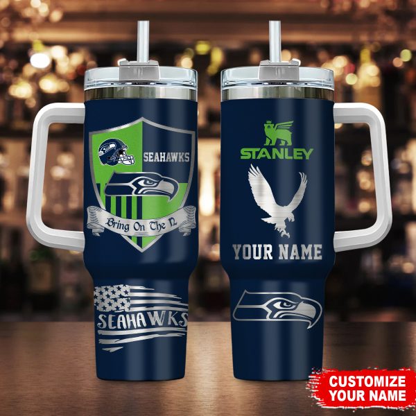 Seattle Seahawks NFL Silver Logo Custom Stanley Quencher 30oz-40oz Stainless Steel Tumbler Hot And Cold Tumbler