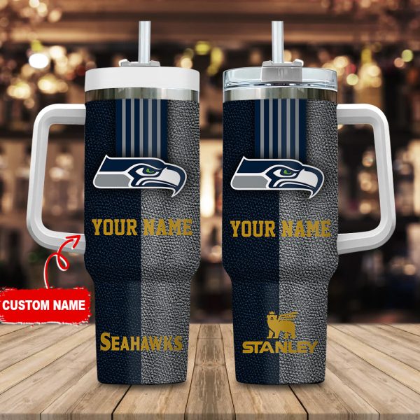 Seattle Seahawks NFL Leather Effect Custom Stanley Quencher 30oz-40oz Stainless Steel Tumbler Hot And Cold Tumbler