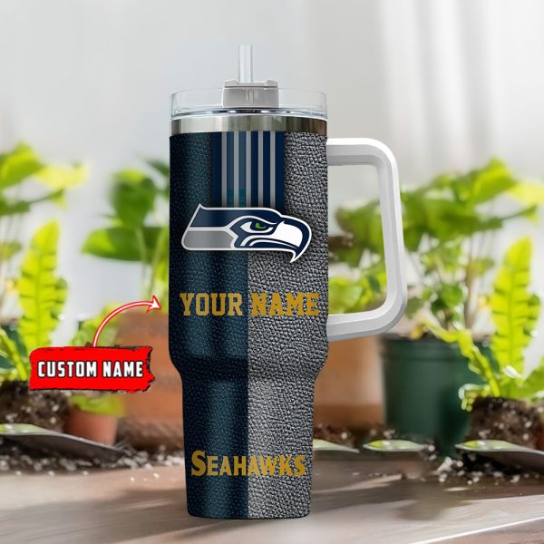 Seattle Seahawks NFL Leather Effect Custom Stanley Quencher 30oz-40oz Stainless Steel Tumbler Hot And Cold Tumbler - Image 2