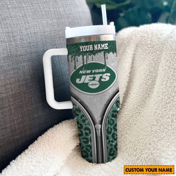 New York Jets NFL Glitter Leopard Print Custom Stanley Quencher 30oz-40oz Stainless Steel Tumbler Hot And Cold Tumbler - Image 2