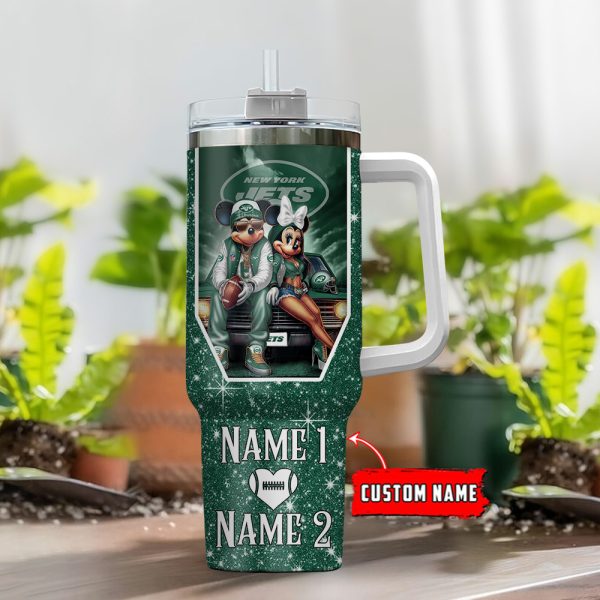 New York Jets NFL Mickey And Minnie Couple Custom Stanley Quencher 30oz-40oz Stainless Steel Tumbler Hot And Cold Tumbler - Image 2