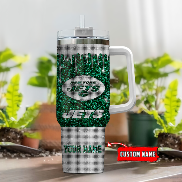 New York Jets NFL Glitter and Diamonds Bling Custom Stanley Quencher 30oz-40oz Stainless Steel Tumbler Hot And Cold Tumbler - Image 2