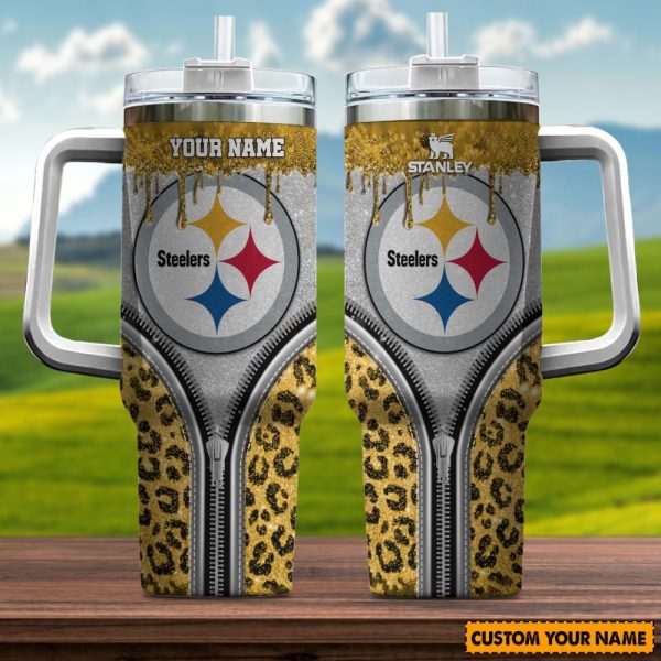 Pittsburgh Steelers NFL Glitter Leopard Print Custom Stanley Quencher 30oz-40oz Stainless Steel Tumbler Hot And Cold Tumbler