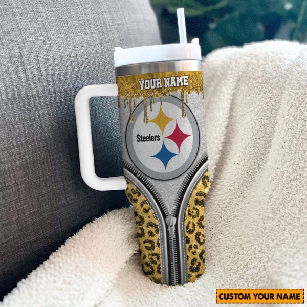 Pittsburgh Steelers NFL Glitter Leopard Print Custom Stanley Quencher 30oz-40oz Stainless Steel Tumbler Hot And Cold Tumbler - Image 2