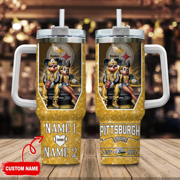 Pittsburgh Steelers NFL Mickey And Minnie Couple Custom Stanley Quencher 30oz-40oz Stainless Steel Tumbler Hot And Cold Tumbler