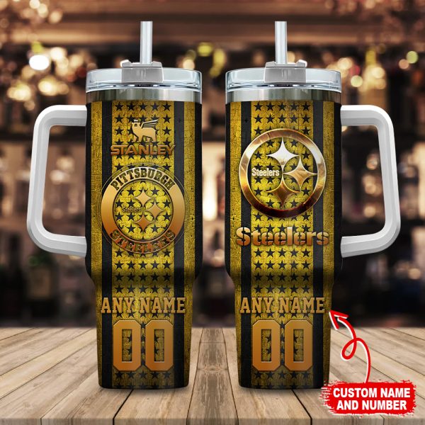 Pittsburgh Steelers NFL Golden Logos US Flag Custom Stanley Quencher 30oz-40oz Stainless Steel Tumbler Hot And Cold Tumbler