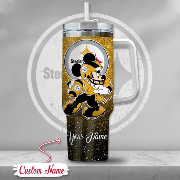 Pittsburgh Steelers NFL Mickey Mouse Glitter Custom Stanley Quencher 30oz-40oz Stainless Steel Tumbler Hot And Cold Tumbler - Image 2