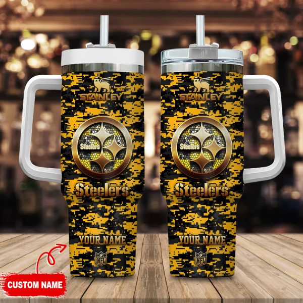 Pittsburgh Steelers NFL Camouflage Golden Logo Custom Stanley Quencher 30oz-40oz Stainless Steel Tumbler Hot And Cold Tumbler