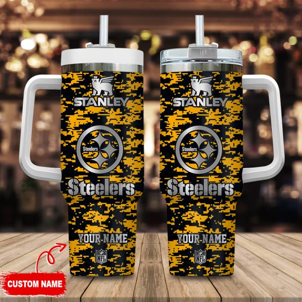 Pittsburgh Steelers NFL Camouflage Silver Logo Custom Stanley Quencher 30oz-40oz Stainless Steel Tumbler Hot And Cold Tumbler