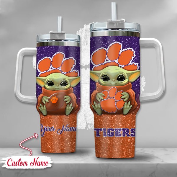 NCAA Clemson Tigers Baby Yoda Custom Stanley Quencher 30oz-40oz Stainless Steel Tumbler Hot And Cold Tumbler