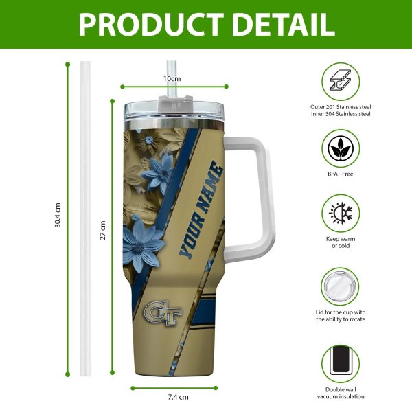 Georgia Tech Yellow Jackets NCAA Custom Stanley Quencher 30oz-40oz Stainless Steel Tumbler Hot And Cold Tumbler - Image 2