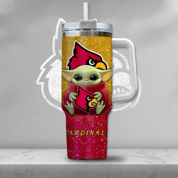 NCAA Louisville Cardinals Baby Yoda Custom Stanley Quencher 30oz-40oz Stainless Steel Tumbler Hot And Cold Tumbler - Image 2