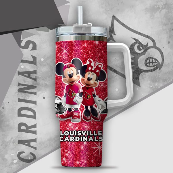 NCAA Louisville Cardinals Mickey And Minnie Couple Custom Stanley Quencher 30oz-40oz Stainless Steel Tumbler Hot And Cold Tumbler - Image 2