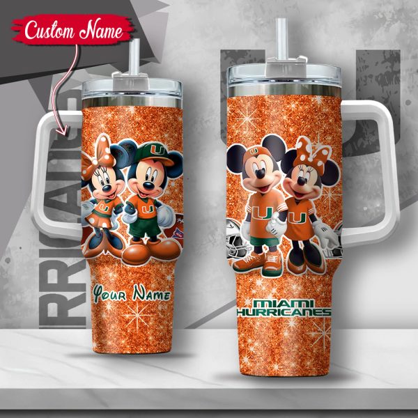 NCAA Miami Hurricanes Mickey And Minnie Couple Custom Stanley Quencher 30oz-40oz Stainless Steel Tumbler Hot And Cold Tumbler