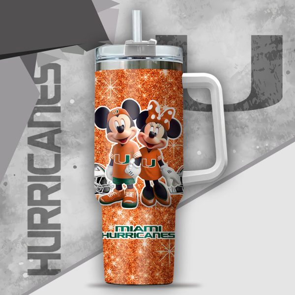NCAA Miami Hurricanes Mickey And Minnie Couple Custom Stanley Quencher 30oz-40oz Stainless Steel Tumbler Hot And Cold Tumbler - Image 2