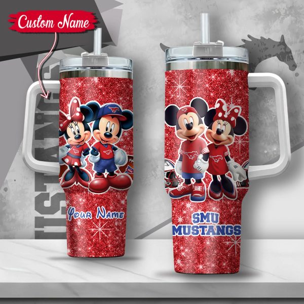 NCAA SMU Mustangs Mickey And Minnie Couple Custom Stanley Quencher 30oz-40oz Stainless Steel Tumbler Hot And Cold Tumbler