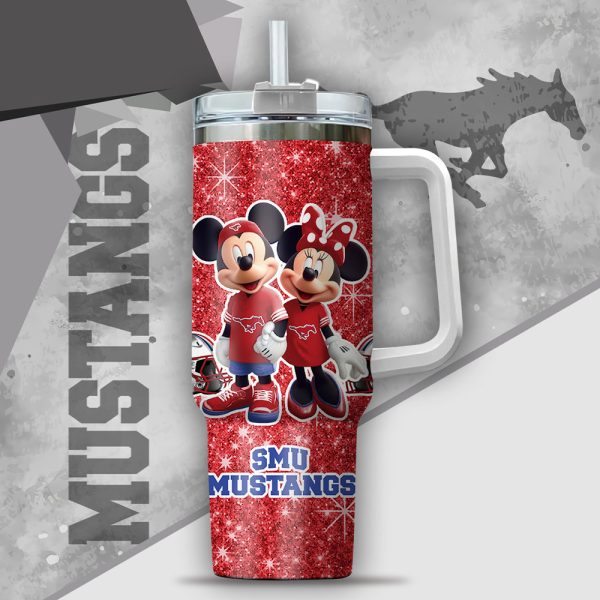 NCAA SMU Mustangs Mickey And Minnie Couple Custom Stanley Quencher 30oz-40oz Stainless Steel Tumbler Hot And Cold Tumbler - Image 2
