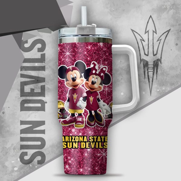 NCAA Arizona State Sun Devils Mickey And Minnie Couple Custom Stanley Quencher 30oz-40oz Stainless Steel Tumbler Hot And Cold Tumbler - Image 2