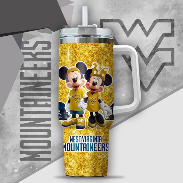 NCAA West Virginia Mountaineers Mickey And Minnie Couple Custom Stanley Quencher 30oz-40oz Stainless Steel Tumbler Hot And Cold Tumbler - Image 2