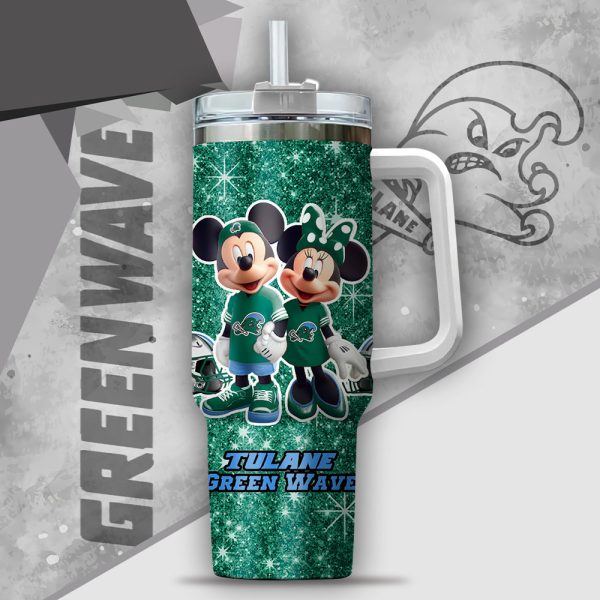 NCAA Tulane Green Wave Mickey And Minnie Couple Custom Stanley Quencher 30oz-40oz Stainless Steel Tumbler Hot And Cold Tumbler - Image 2