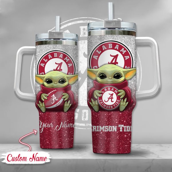 NCAA Alabama Crimson Tide Baby Yoda Custom Stanley Quencher 30oz-40oz Stainless Steel Tumbler Hot And Cold Tumbler