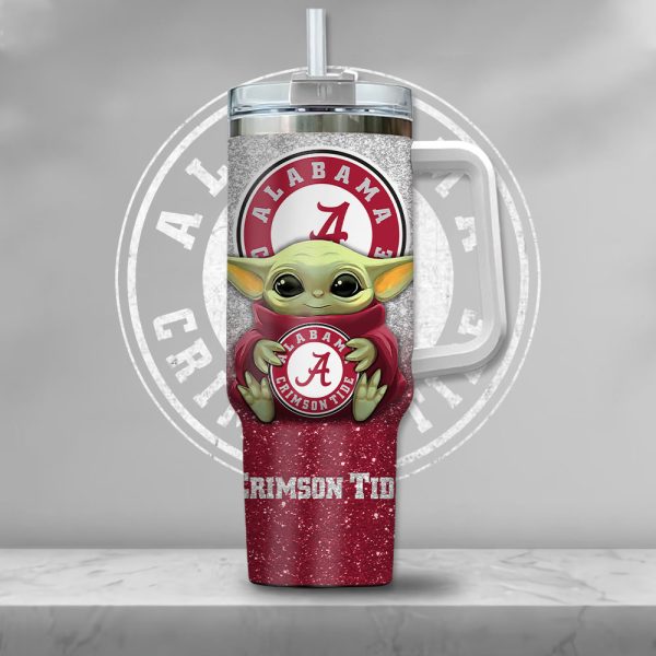 NCAA Alabama Crimson Tide Baby Yoda Custom Stanley Quencher 30oz-40oz Stainless Steel Tumbler Hot And Cold Tumbler - Image 2
